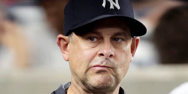 Manager Aaron Boone reacts during the ninth inning against the Toronto Blue Jays at Yankee Stadium, Aug. 19, 2022.