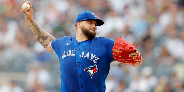 Alek Manoah of the Toronto Blue Jays pitches during the first inning against the New York Yankees at Yankee Stadium on Aug. 21, 2022, in New York City.