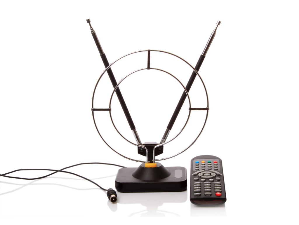 An over-the-air TV antenna and remote.