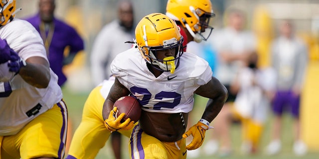 LSU running back Armoni Goodwin (22) carries the ball during NCAA college football practice in Baton Rouge, La., Wednesday, Aug. 17, 2022.