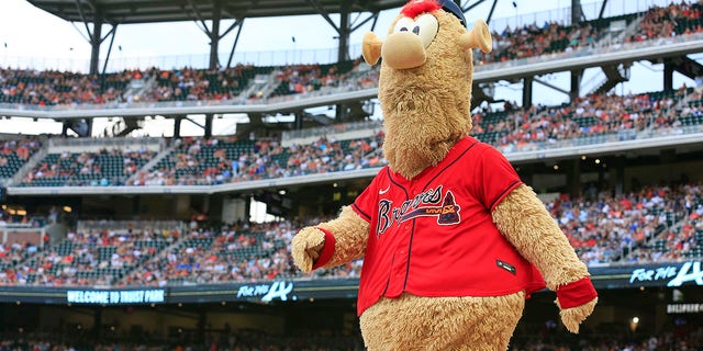 Braves mascot Blooper parades around before the game between the Washington Nationals and the Atlanta Braves at Truist Park in Atlanta, Georgia, on July 8, 2022.