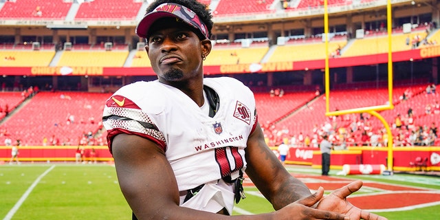 Washington Commanders running back Brian Robinson reacts after a game against the Chiefs at GEHA Field at Arrowhead Stadium in Kansas City, Missouri, Aug. 20, 2022.