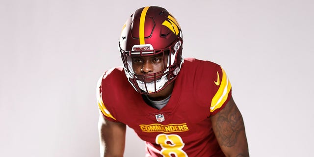 Brian Robinson Jr. #8 of the Washington Commanders poses for a portrait during the NFLPA Rookie Premiere on May 21, 2022, in Los Angeles, California. 