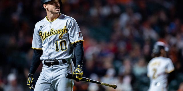 Pittsburgh Pirates center fielder Bryan Reynolds walks back to the dugout after striking out against the San Francisco Giants on Aug. 12, 2022, at Oracle Park in San Francisco, California.