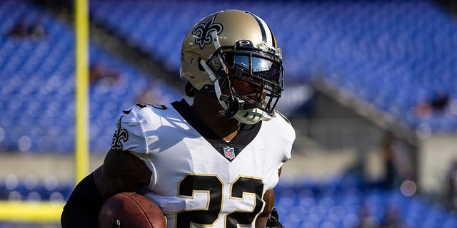 C.J. Gardner-Johnson of the New Orleans Saints warms up before the preseason game against the Ravens at M and T Bank Stadium on Aug. 14, 2021 in Baltimore.