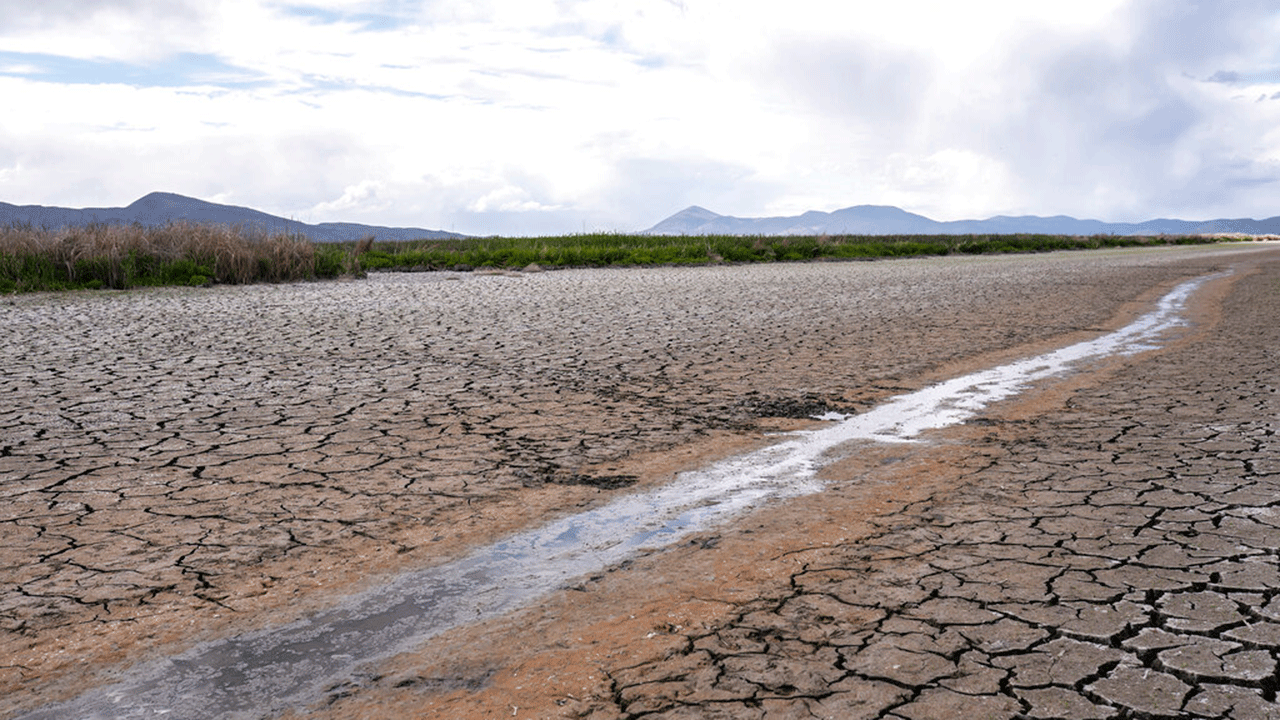 A small stream runs through the drought-struck, cracked earth of a former wetland near Tulelake, California.