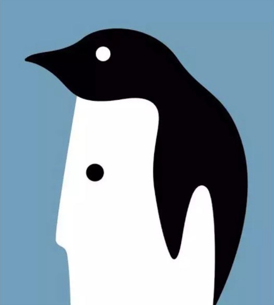 An optical illusion that shows both a man and a penguin