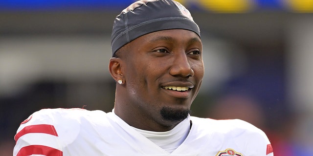 San Francisco 49ers wide receiver Deebo Samuel warms up before the game against the Los Angeles Rams at SoFi Stadium in Inglewood, California, on Jan. 9, 2022.