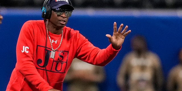 Jackson State Tigers head coach Deion Sanders reacts on the sidelines against the South Carolina State Bulldogs during the Celebration Bowl at Mercedes-Benz Stadium on Dec. 18, 2021.