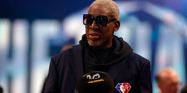 Dennis Rodman is introduced as part of the NBA 75th anniversary team during the All-Star Game at Rocket Mortgage Fieldhouse on Feb. 20, 2022, in Cleveland, Ohio.