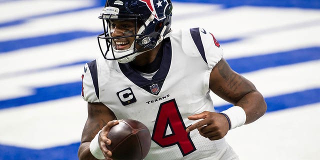 Houston Texans quarterback Deshaun Watson celebrates a touchdown against the Colts on Dec. 20, 2020, in Indianapolis.