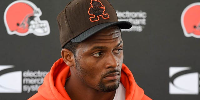 Deshaun Watson of the Cleveland Browns listens to questions during a press conference prior to a joint practice with the Philadelphia Eagles on Aug. 18, 2022, in Berea, Ohio.