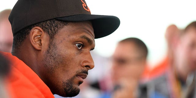 Watson listens to questions during a press conference prior to a joint practice with the Philadelphia Eagles at CrossCountry Mortgage Campus in Berea, Ohio, on Thursday, Aug. 18, 2022.