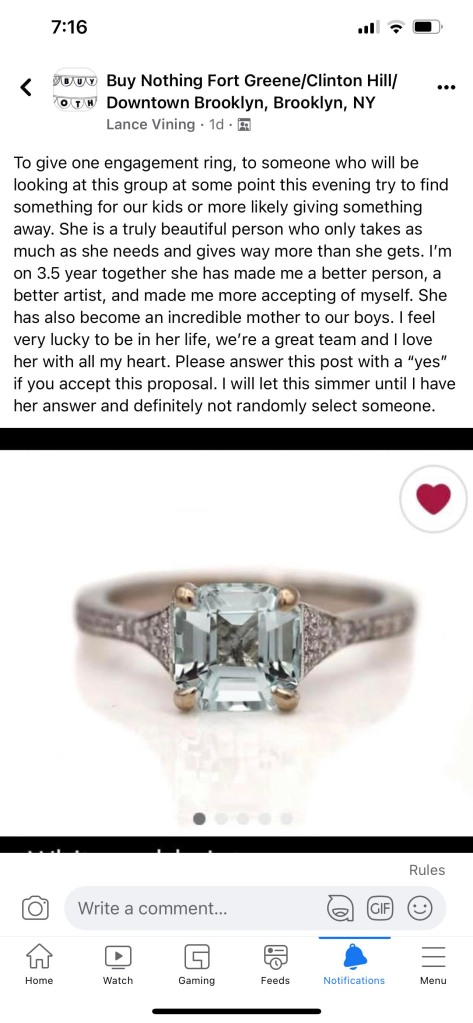 Lance Vining's unusual engagement proposal blew up his Brooklyn neighborhood Buy Nothing page.