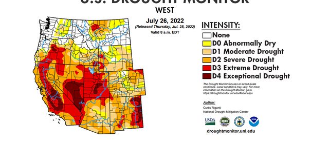 U.S. Drought Monitor map showing the intensity levels of drought throughout the western U.S.