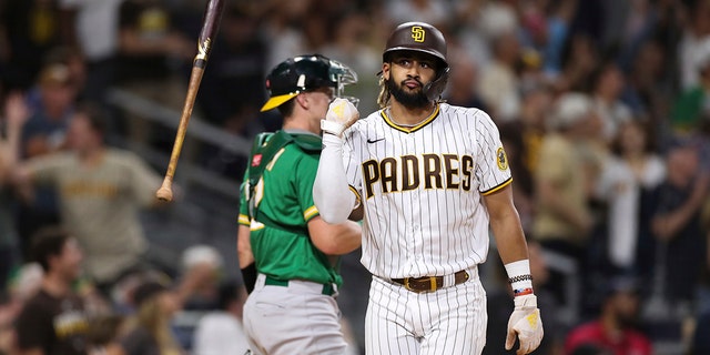 Tatis flips his bat after hitting a two-run home run against the Oakland Athletics during the third inning of a baseball game in San Diego on July 27, 2021. 