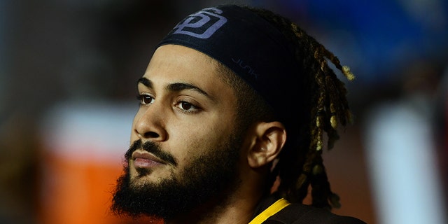 San Diego Padres Infielder Fernando Tatis Jr., #23, in the dugout during a game against the Los Angeles Dodgers played on September 29, 2021 at Dodger Stadium in Los Angeles.