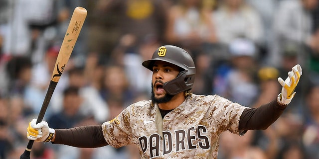 Fernando Tatis Jr., #23 of the San Diego Padres, reacts to a called third strike in the ninth inning against the Atlanta Braves at Petco Park on September 26, 2021 in San Diego.