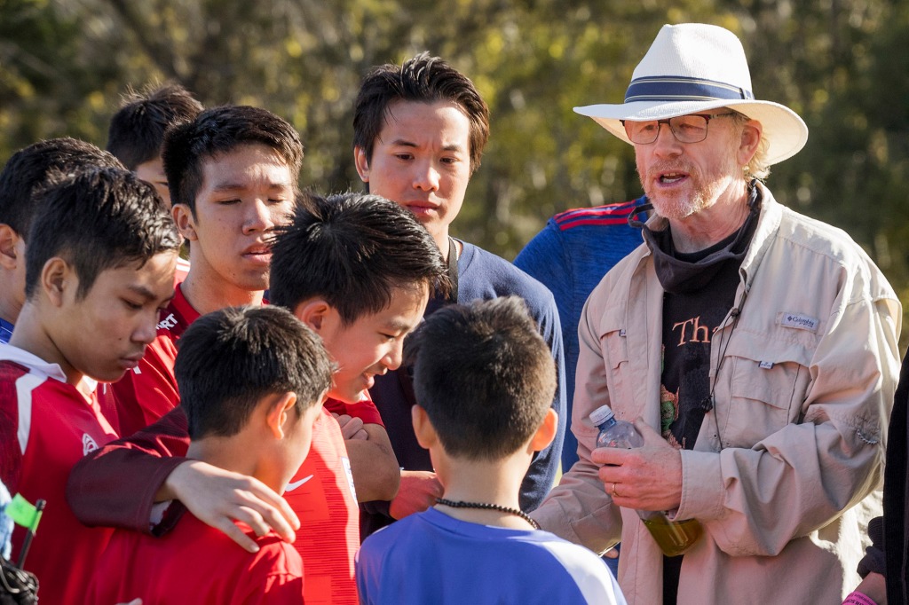 Ron Howard directing a group of boys on the set of "Thirteen Lives."
