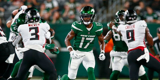 New York Jets wide receiver Garrett Wilson (17) runs a play during the first half of an NFL football game against the Atlanta Falcons, Monday, Aug. 22, 2022, in East Rutherford, N.J.