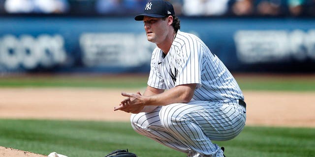 Yankees starting pitcher Gerrit Cole waits for a replay result against the Toronto Blue Jays, Aug. 20, 2022, in New York.