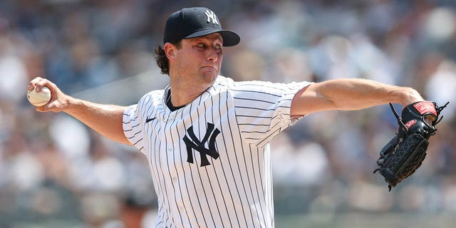 Gerrit Cole of the New York Yankees pitches in the third inning against the Toronto Blue Jays at Yankee Stadium on Aug. 20, 2022, in New York.