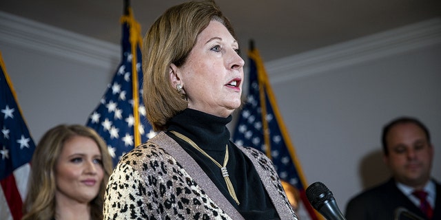 Sidney Powell, lawyer to U.S. President Donald Trump, speaks during a news conference at the Republican National Committee headquarters in Washington, D.C., U.S., on Thursday, Nov. 19, 2020. 