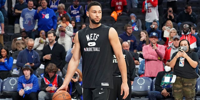 Ben Simmons, #10 of the Brooklyn Nets, warms up before a game against the Philadelphia 76ers on March 10, 2022 at Wells Fargo Center in Philadelphia. 