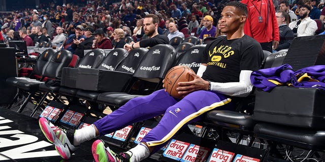 Russell Westbrook of the Los Angeles Lakers looks on before a game against the Cleveland Cavaliers at Rocket Mortgage FieldHouse in Cleveland, Ohio, on March 21, 2022.