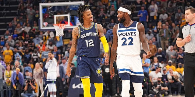 Ja Morant of the Grizzlies and Patrick Beverley of the Minnesota Timberwolves on April 26, 2022, at FedExForum in Memphis, Tennessee.