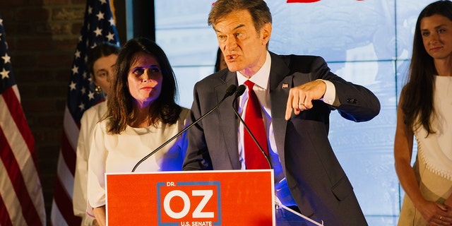 Mehmet Oz speaks during a primary election night event in Newtown, Pennsylvania.