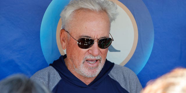 Los Angeles Angels manager Joe Maddon talks to the media before a game against the Phillies at Citizens Bank Park in Philadelphia on June 5, 2022.