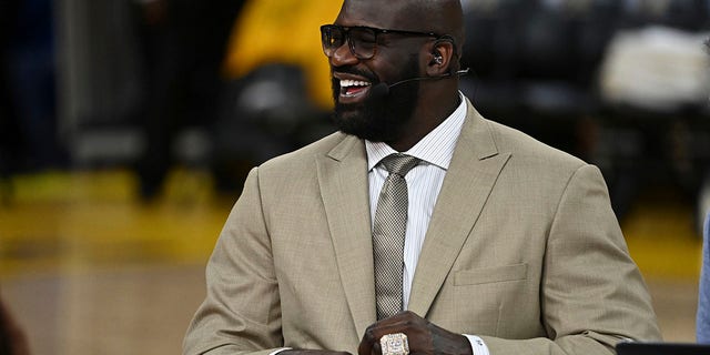 TNT analyst Shaquille O'Neal smiles prior to NBA Finals Game Two between the Golden State Warriors and the Boston Celtics at Chase Center in San Francisco on June 5, 2022.