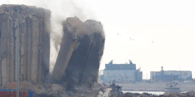 Part of the Beirut port grain silos collapses in Beirut, Lebanon, on Aug. 4, 2022. The further collapse of the structure came after part of the Beirut port grain silos collapsed on Sunday.