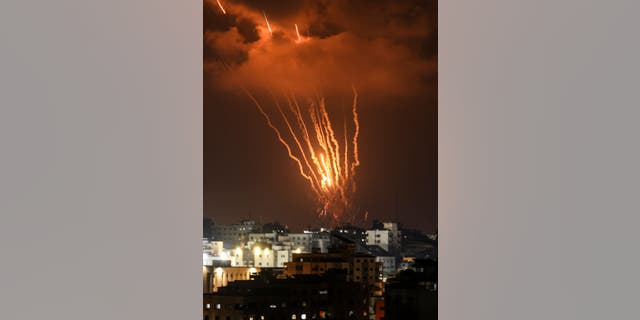 A picture taken on August 5, 2022, shows Palestinian rockets fired from Gaza City in retaliation to earlier Israeli air strikes. 