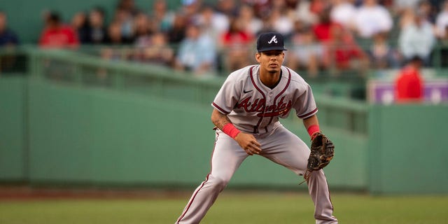 Vaughn Grissom, #18 of the Atlanta Braves, plays defense during the first inning of a game against the Boston Red Sox on August 10, 2022 at Fenway Park in Boston. It was his Major League Baseball debut game. 