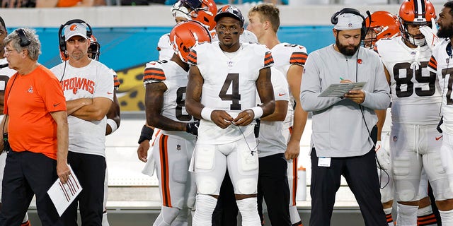 Deshaun Watson watches during the Jaguars game on Aug. 12, 2022, in Jacksonville, Florida. 