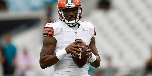 Cleveland Browns quarterback Deshaun Watson prepares to pass against the Jaguars on Aug. 12, 2022, at TIAA Bank Field in Jacksonville, Florida.