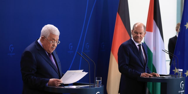 Mahmoud Abbas and Olaf Scholz during a news conference in Berlin, Germany, on Tuesday, Aug. 16, 2022. (Krisztian Bocsi/Bloomberg via Getty Images)