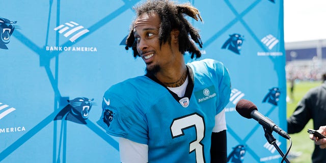 Wide receiver Robbie Anderson listens to a question during a joint practice between the New England Patriots and the Carolina Panthers on Aug. 16, 2022, at Gillette Stadium in Foxborough, Massachusetts.