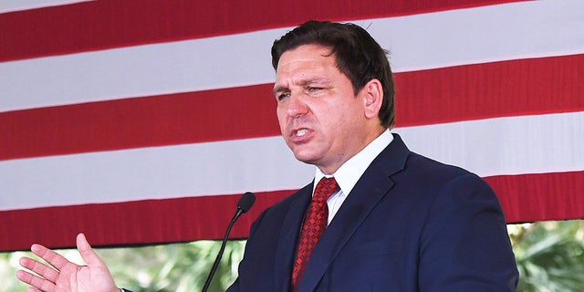 Florida Gov. Ron DeSantis speaks to supporters at a campaign stop on the Keep Florida Free Tour at the Horsepower Ranch in Geneva.