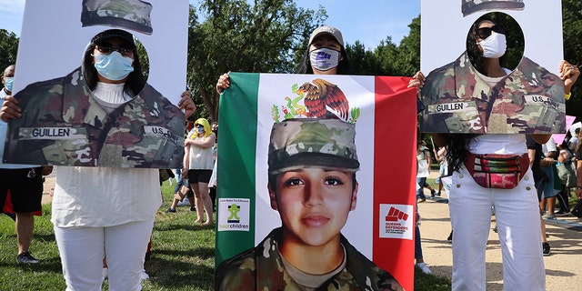 Family, friends and supporters of murdered U.S. Army Private First Class Vanessa Guillen rally on the National Mall to call for justice and for Congress to investigate her death July 30, 2020, in Washington, DC. 