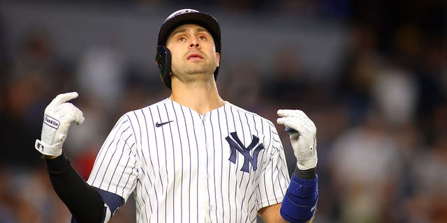 Joey Gallo #13 of the New York Yankees reacts after lining out to right field in the bottom of the sixth inning against the Tampa Bay Rays at Yankee Stadium on Oct. 1, 2021 in New York City.