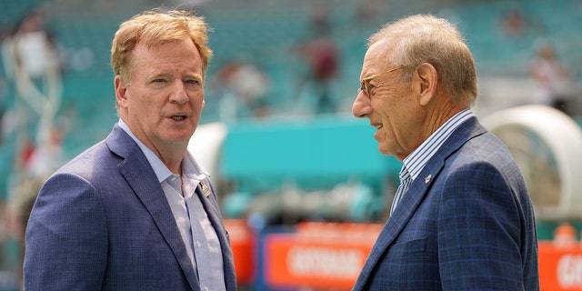 NFL Commissioner Roger Goodell speaks with Miami Dolphins owner Stephen Ross before the game against the Indianapolis Colts and the Miami Dolphins at Hard Rock Stadium on October 03, 2021 in Miami Gardens, Florida. 