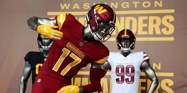 A detailed view of the new Washington Commanders uniforms at FedEx Field Feb. 2, 2022, in Landover, Md. 