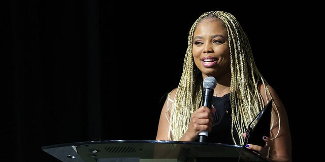 Sports journalist Jemele Hill accepts the William C. Rhoden Sports Media Award at the Advancement of Blacks in Sports (ABIS) Champions and Legends Awards at Resorts World Las Vegas May 28, 2022, in Las Vegas. 