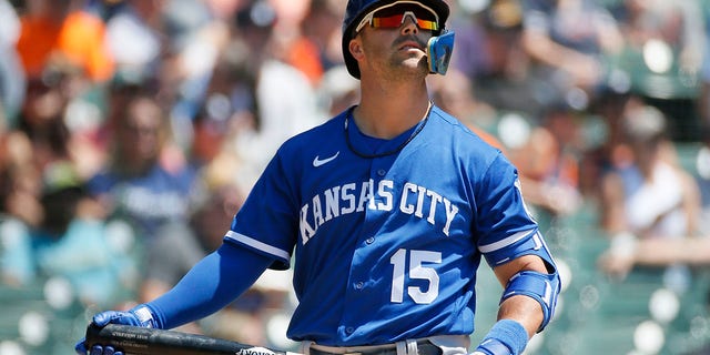 Whit Merrifield of the Kansas City Royals during an at-bat against the Detroit Tigers at Comerica Park July 3, 2022, in Detroit. 