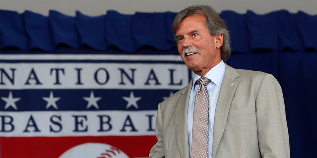 Hall of Famer Dennis Eckersley attends the Baseball Hall of Fame induction ceremony at Clark Sports Center in Cooperstown, New York. He is retiring from broadcasting at the end of this season.