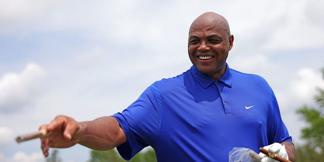 Charles Barkley with cigars on the seventh hole during the pro-am prior to the LIV Golf Invitational - Bedminster at Trump National Golf Club in Bedminster, New Jersey, on July 28, 2022.