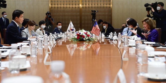 Speaker of the House Nancy Pelosi, D-Calif., far right, talks with South Korean National Assembly Speaker Kim Jin-pyo, far left, during their meeting at the National Assembly on Aug. 4, 2022, in Seoul, South Korea.